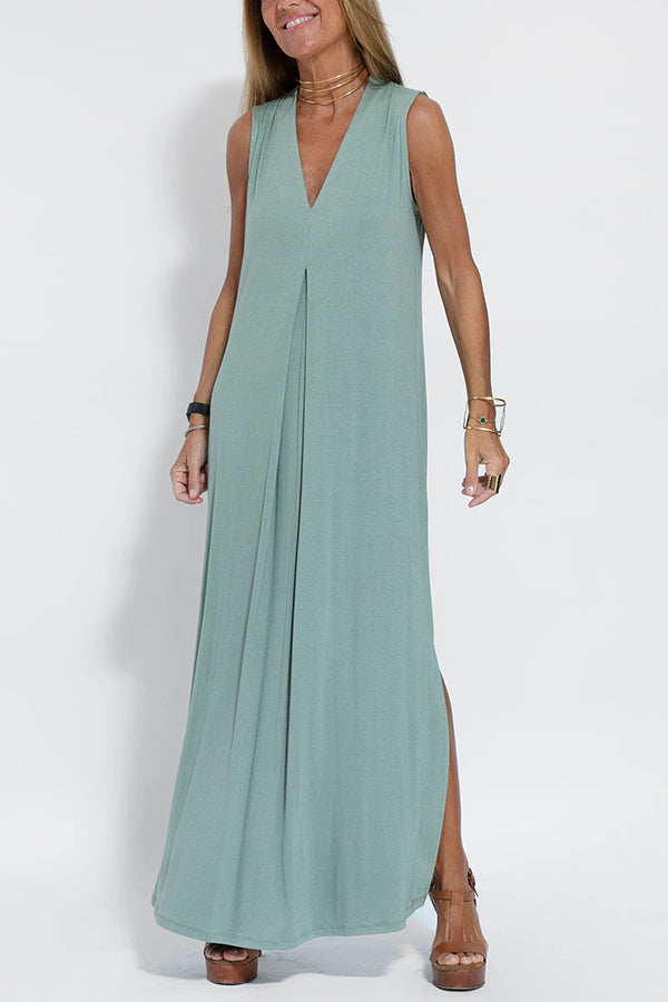Claire - Knit Solid Color Sleeveless Slit Maxi Dress