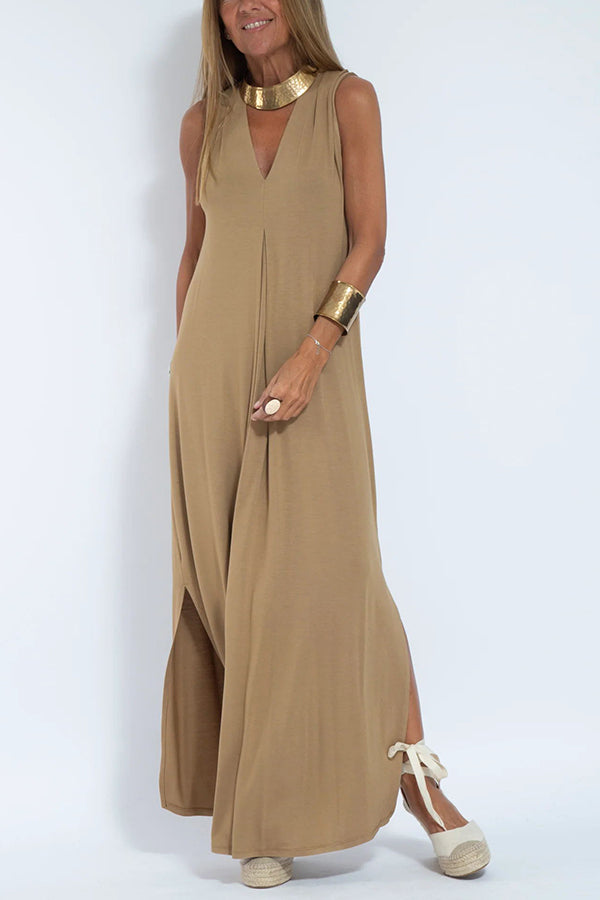 Claire - Knit Solid Color Sleeveless Slit Maxi Dress