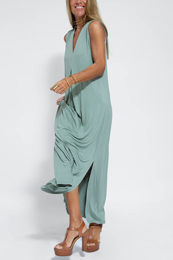 Claire - Knit Solid Color Sleeveless Slit Maxi Dress