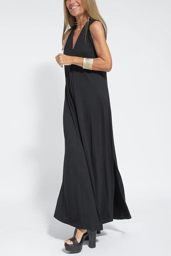 Claire - Knit Solid Color Sleeveless Slit Maxi Dress