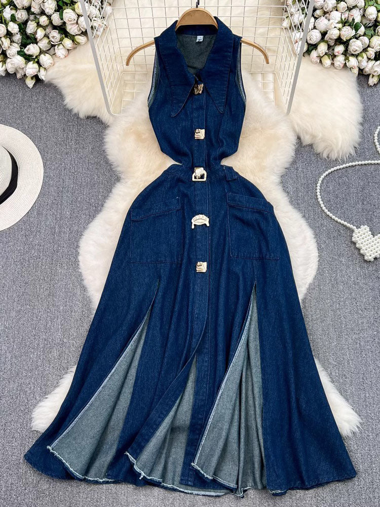 Alessa - Trendy Metal Buckle Denim Dress
