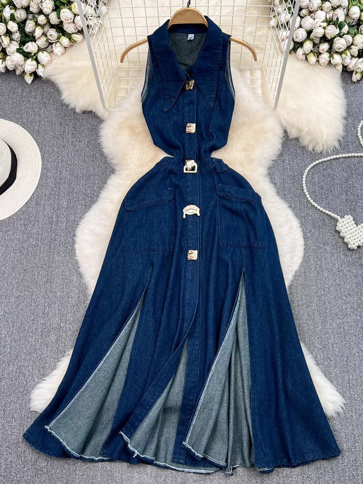 Alessa - Trendy Metal Buckle Denim Dress