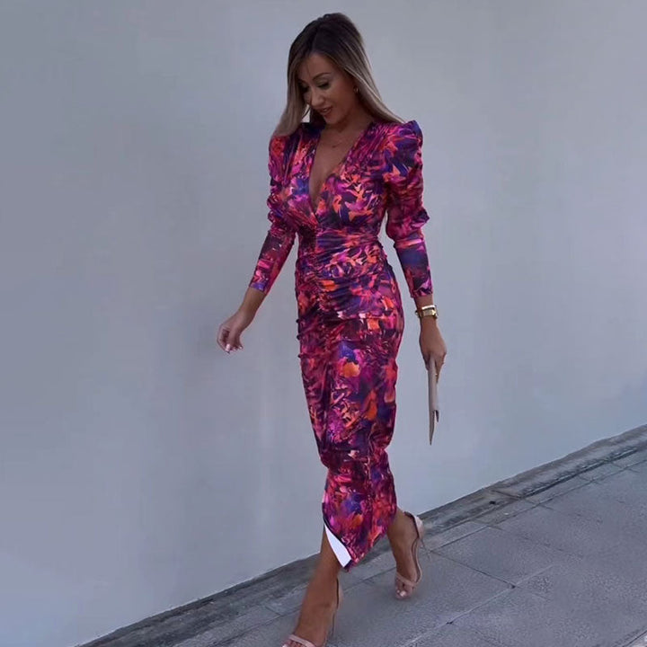 Romina - Printed Floral Long Sleeve Midi Dress