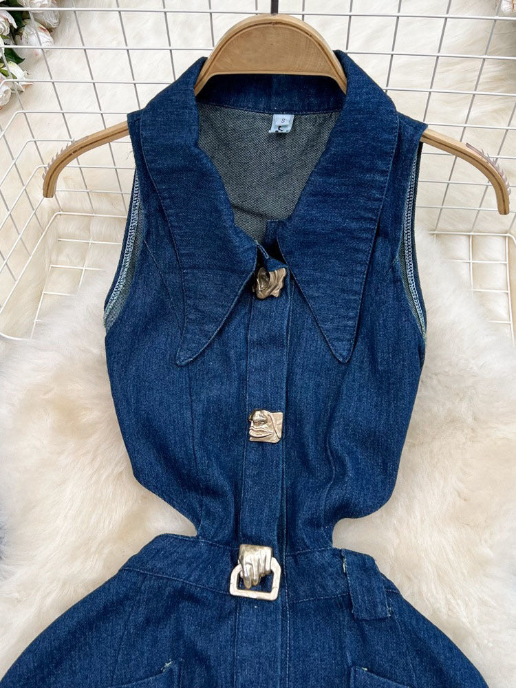Alessa - Trendy Metal Buckle Denim Dress