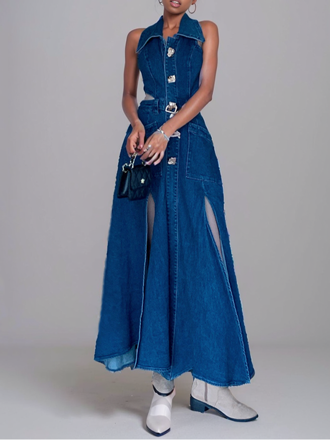Alessa - Trendy Metal Buckle Denim Dress
