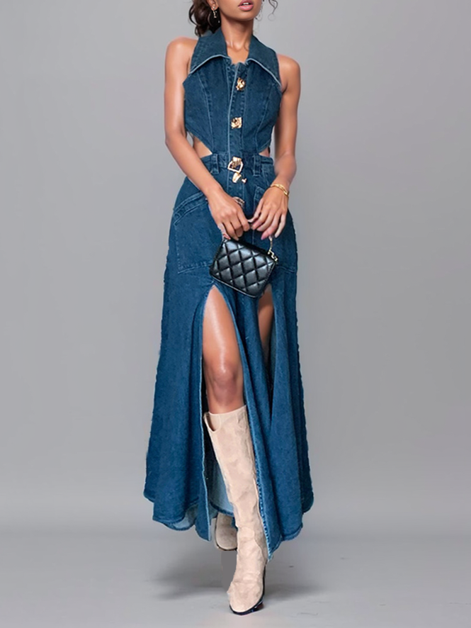 Alessa - Trendy Metal Buckle Denim Dress