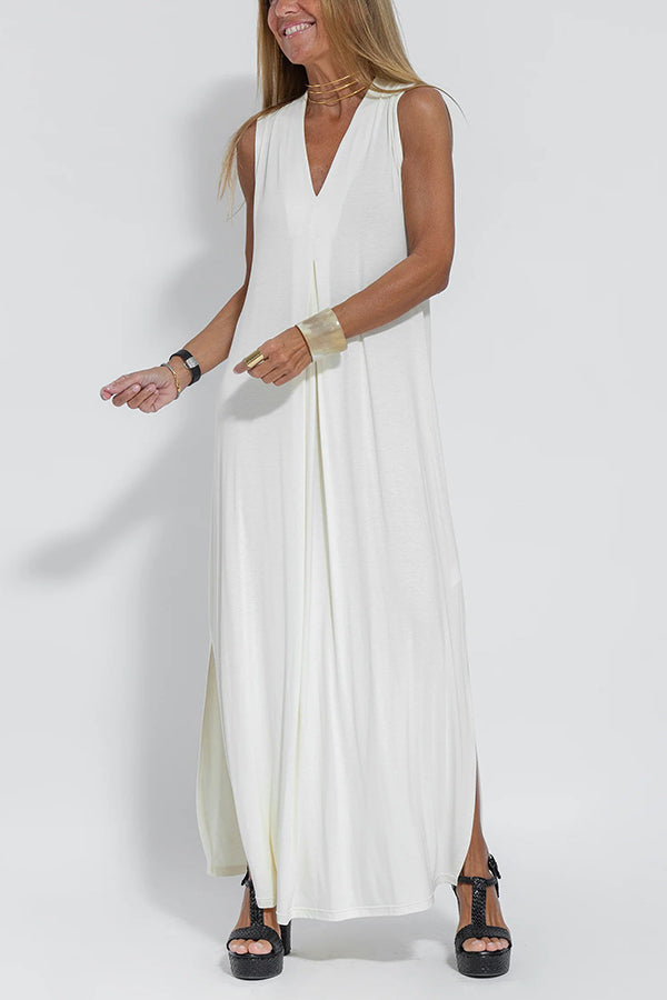 Claire - Knit Solid Color Sleeveless Slit Maxi Dress