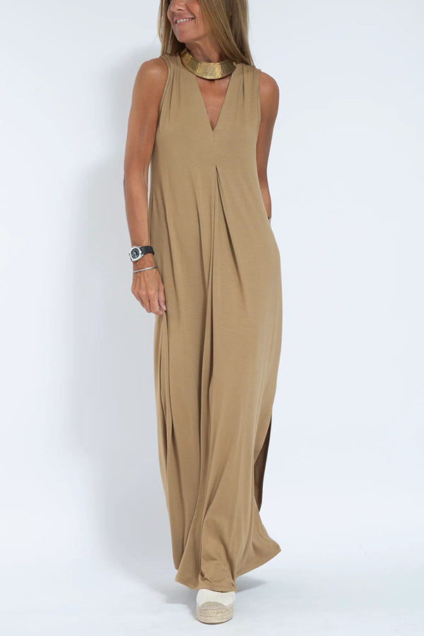 Claire - Knit Solid Color Sleeveless Slit Maxi Dress