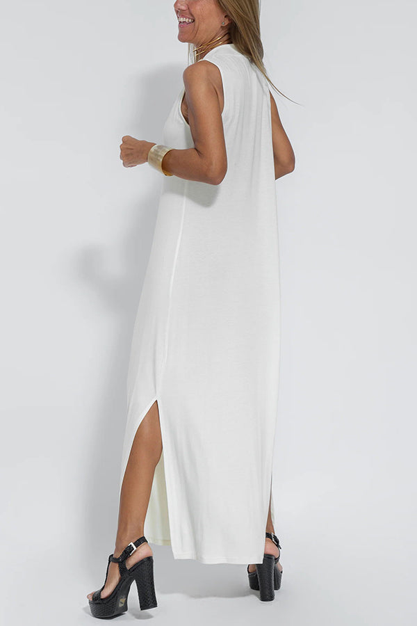 Claire - Knit Solid Color Sleeveless Slit Maxi Dress