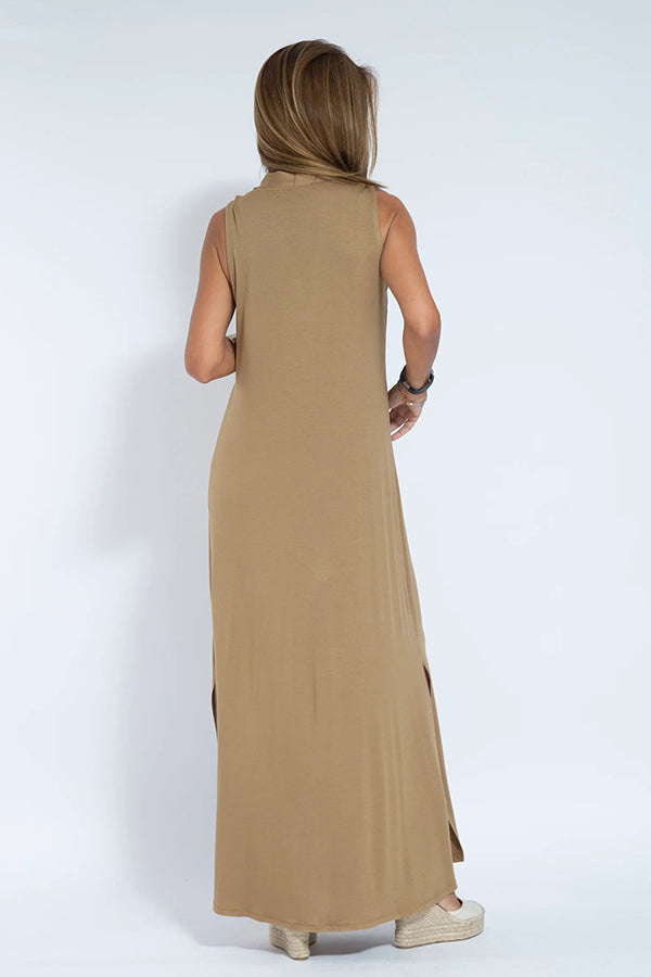 Claire - Knit Solid Color Sleeveless Slit Maxi Dress